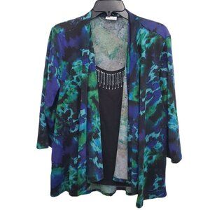 Kim Kim Rogers Women's Blue Green Watercolor Faux Layer Knit 3/4 Sleeve Top Sz L